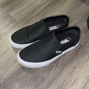 Vans Slip-on Shoes in black, white trim & rubber bottom women’s size 7, mens 5.5